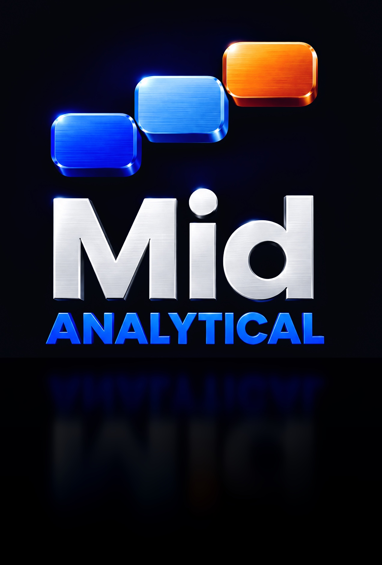 Logo da Mid Analytical em alumínio escovado: três blocos subindo em escada, o último em laranja