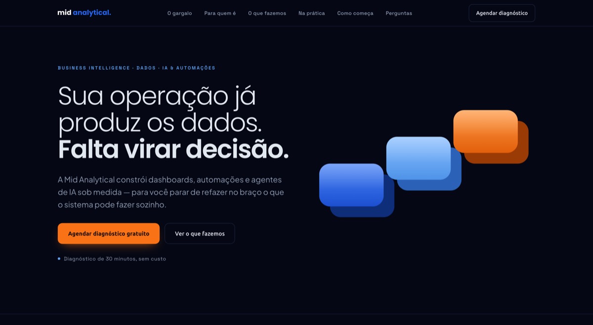 Primeira dobra da landing page da Mid Analytical