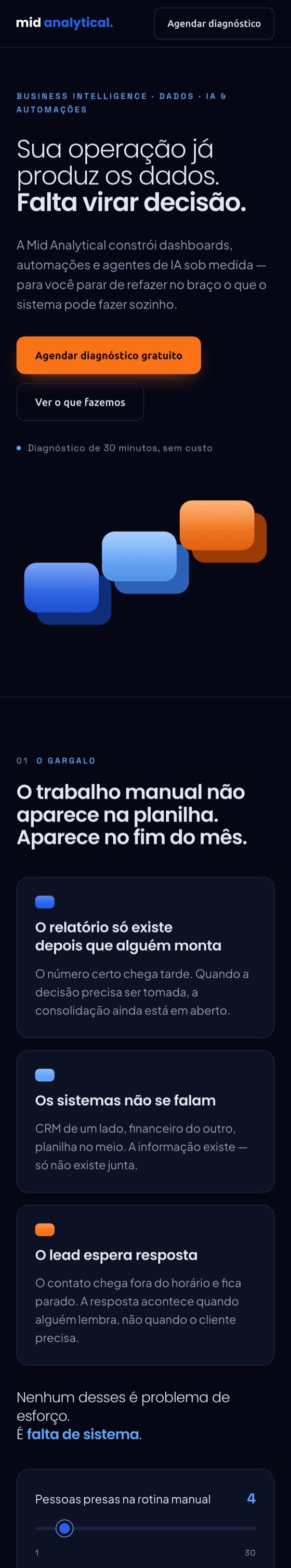 Landing page da Mid Analytical vista no celular, rolando do topo até a calculadora de horas