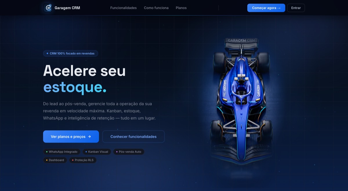 Primeira dobra do site do Garagem CRM